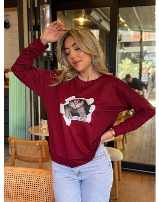 Kadın Uzun Kollu Bisiklet Yaka Kedi Desenli Viskon Iki Iplik Bluz