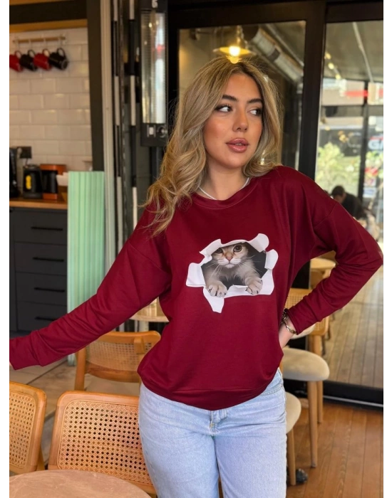 Kadın Uzun Kollu Bisiklet Yaka Kedi Desenli Viskon Iki Iplik Bluz