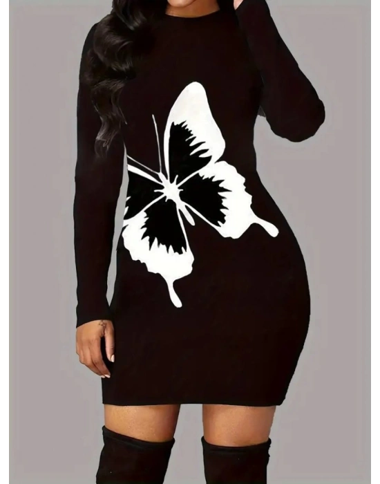 Kadın Uzun Kollu Bisiklet Yaka Kelebek Desenli Kısa Viskon Iki Iplik Elbise