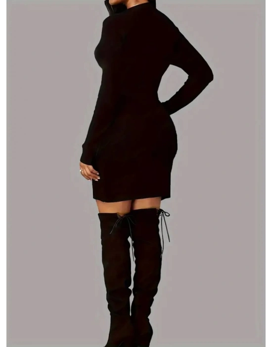 Kadın Uzun Kollu Bisiklet Yaka Kelebek Desenli Kısa Viskon Iki Iplik Elbise