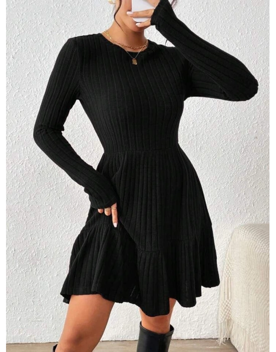 Kadın Uzun Kollu Bisiklet Yaka Kemersiz Eteği Pileli şardonlu Kaşkorse Elbise