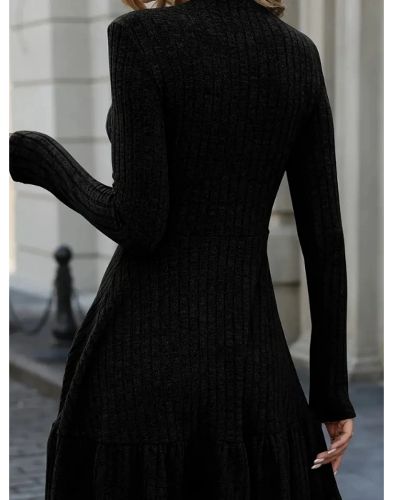 Kadın Uzun Kollu Bisiklet Yaka Kemersiz Eteği Pileli şardonlu Kaşkorse Elbise