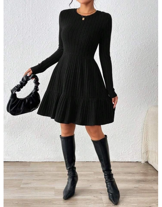 Kadın Uzun Kollu Bisiklet Yaka Kemersiz Eteği Pileli şardonlu Kaşkorse Elbise