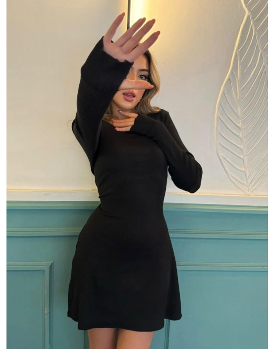 Kadın Uzun Kollu Bisiklet Yaka Kısa Kaşkorse Elbise