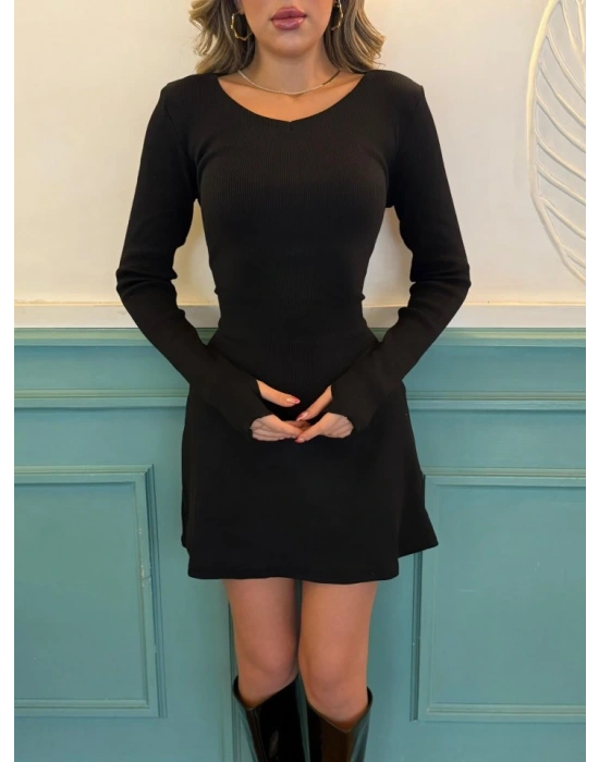 Kadın Uzun Kollu Bisiklet Yaka Kısa Kaşkorse Elbise