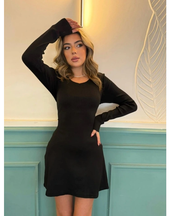 Kadın Uzun Kollu Bisiklet Yaka Kısa Kaşkorse Elbise