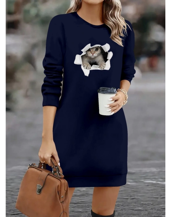 Kadın Uzun Kollu Bisiklet Yaka Kısa Viskon Iki Iplik Elbise