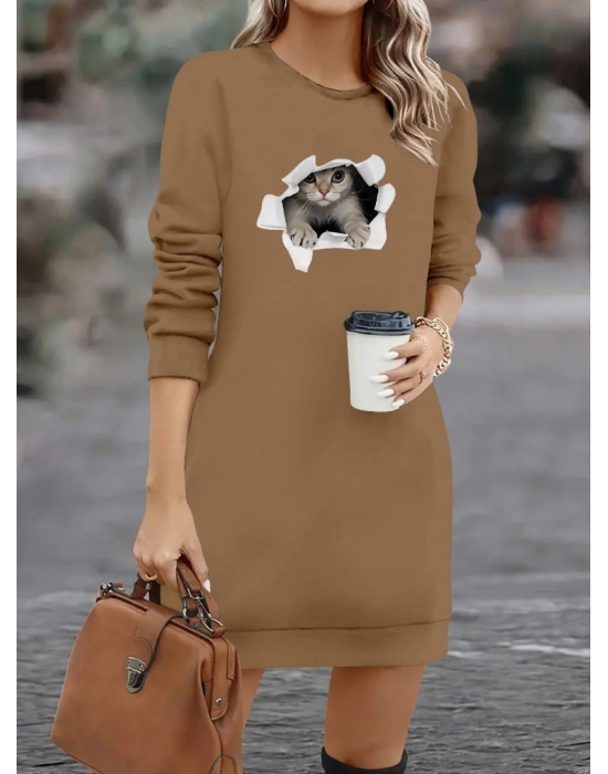 Kadın Uzun Kollu Bisiklet Yaka Kısa Viskon Iki Iplik Elbise