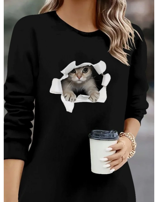 Kadın Uzun Kollu Bisiklet Yaka Kısa Viskon Iki Iplik Elbise