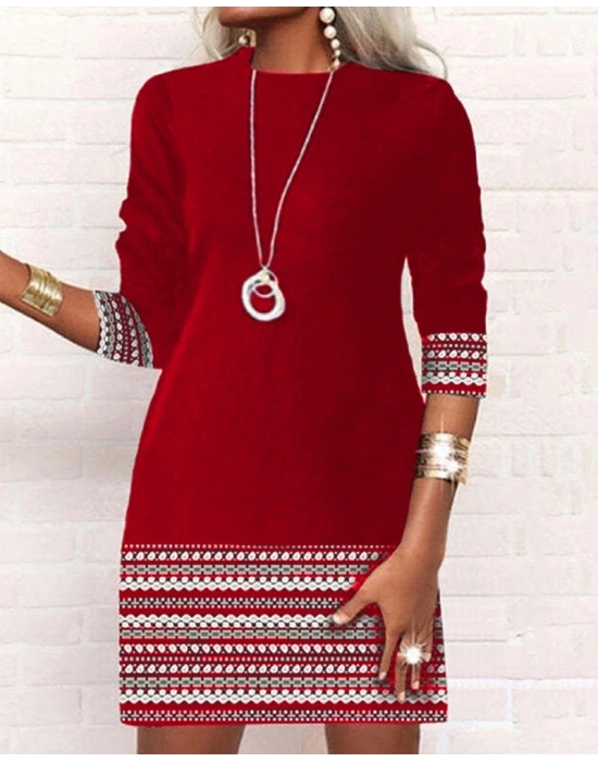 Kadın Uzun Kollu Bisiklet Yaka Kol Ağzı Ve Etek Ucu Baskılı Iki Iplik Elbise