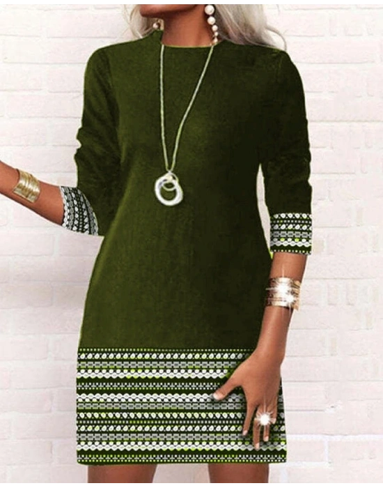Kadın Uzun Kollu Bisiklet Yaka Kol Ağzı Ve Etek Ucu Baskılı Iki Iplik Elbise