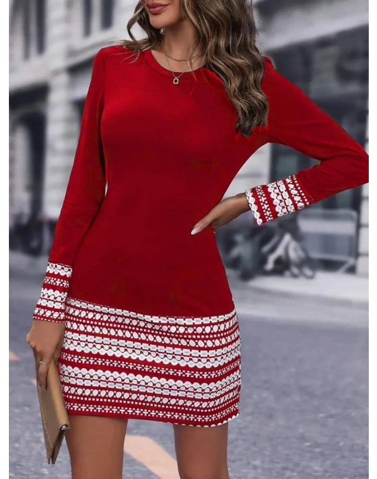 Kadın Uzun Kollu Bisiklet Yaka Kol Ağzı Ve Etek Ucu Baskılı Iki Iplik Elbise