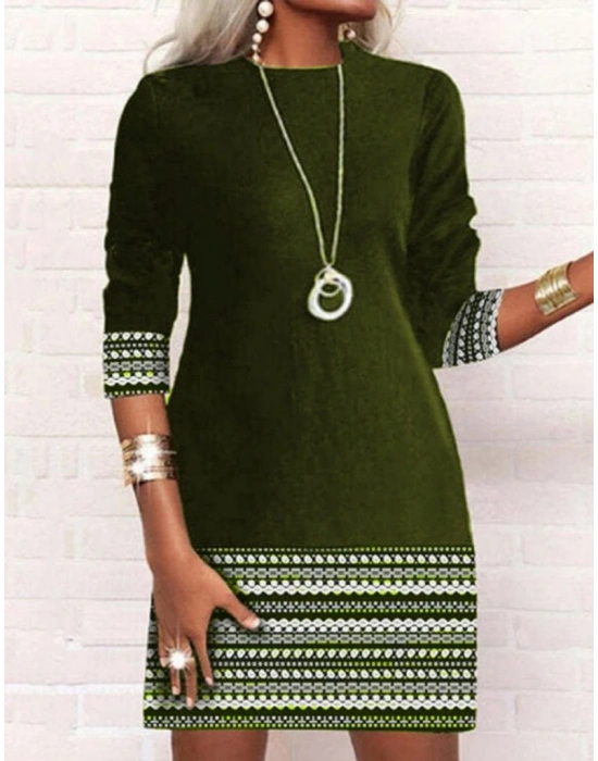 Kadın Uzun Kollu Bisiklet Yaka Kol Ağzı Ve Etek Ucu Baskılı Iki Iplik Elbise