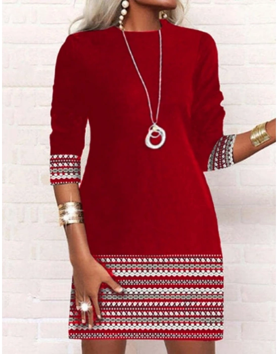 Kadın Uzun Kollu Bisiklet Yaka Kol Ağzı Ve Etek Ucu Baskılı Iki Iplik Elbise