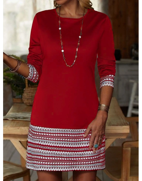 Kadın Uzun Kollu Bisiklet Yaka Kol Ağzı Ve Etek Ucu Baskılı Iki Iplik Elbise