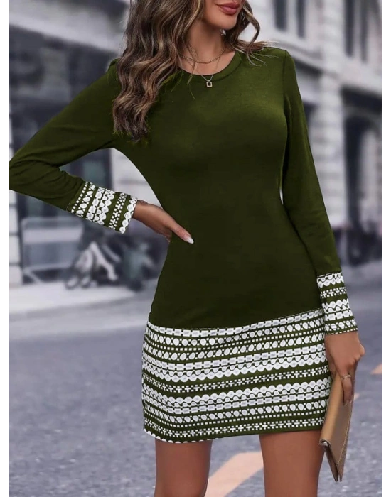 Kadın Uzun Kollu Bisiklet Yaka Kol Ağzı Ve Etek Ucu Baskılı Iki Iplik Elbise