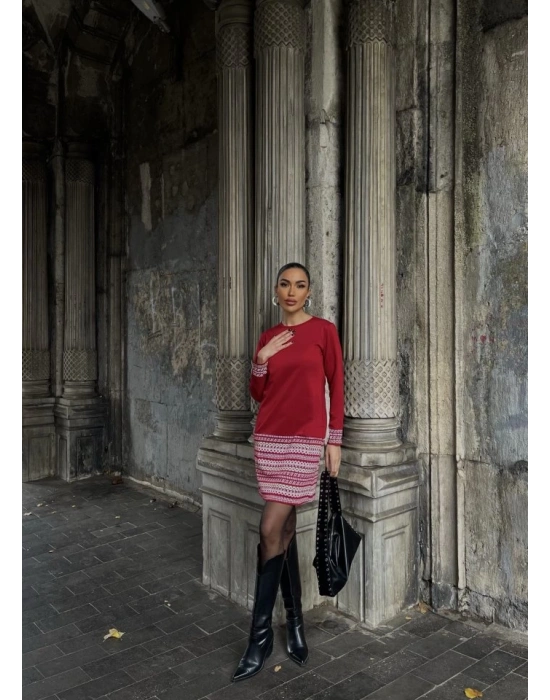 Kadın Uzun Kollu Bisiklet Yaka Kol Ağzı Ve Etek Ucu Baskılı Iki Iplik Elbise