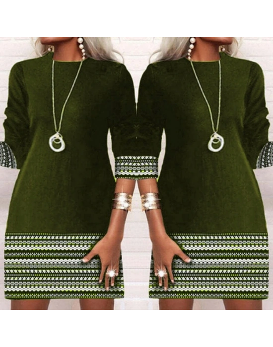 Kadın Uzun Kollu Bisiklet Yaka Kol Ağzı Ve Etek Ucu Baskılı Iki Iplik Elbise