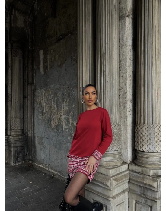 Kadın Uzun Kollu Bisiklet Yaka Kol Ağzı Ve Etek Ucu Baskılı Iki Iplik Elbise