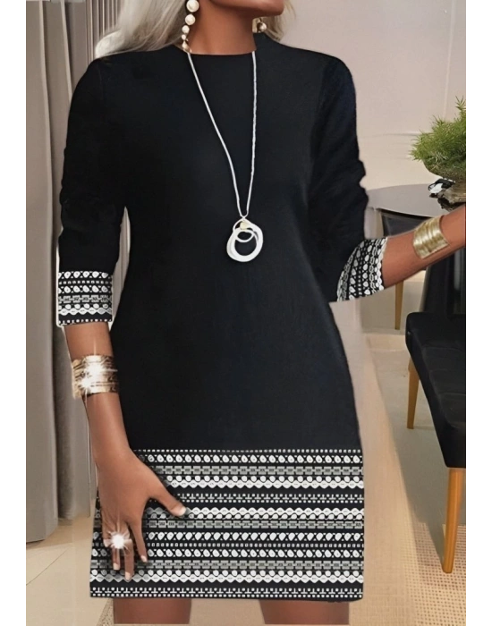 Kadın Uzun Kollu Bisiklet Yaka Kol Ağzı Ve Etek Ucu Baskılı Iki Iplik Elbise