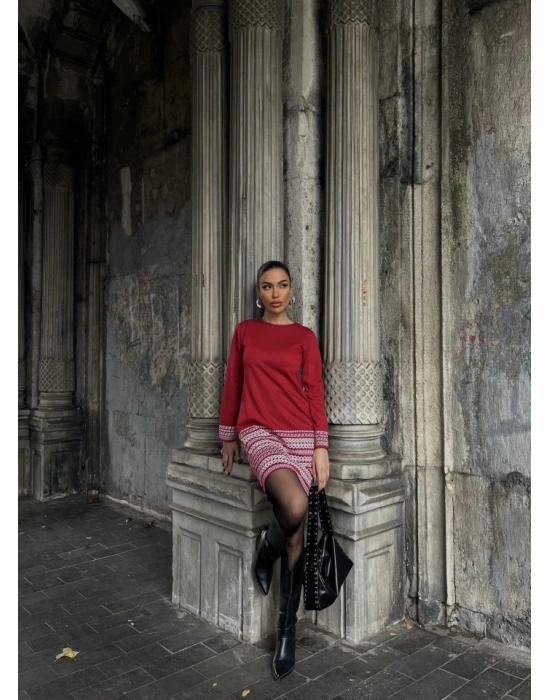 Kadın Uzun Kollu Bisiklet Yaka Kol Ağzı Ve Etek Ucu Baskılı Iki Iplik Elbise