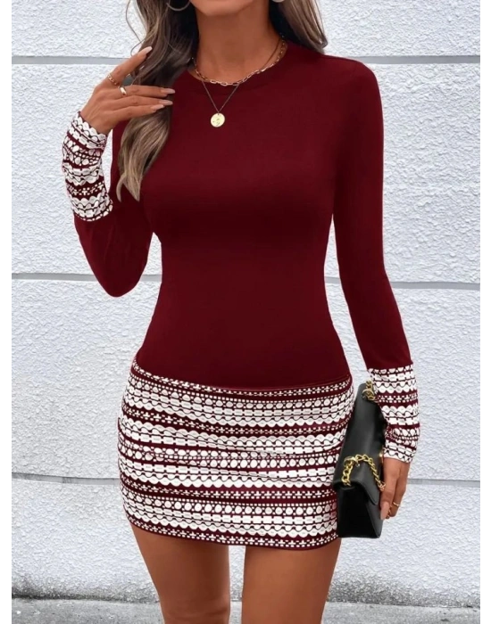 Kadın Uzun Kollu Bisiklet Yaka Kol Ağzı Ve Etek Ucu Baskılı Iki Iplik Elbise