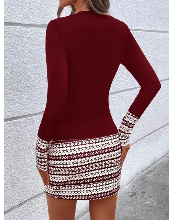 Kadın Uzun Kollu Bisiklet Yaka Kol Ağzı Ve Etek Ucu Baskılı Iki Iplik Elbise