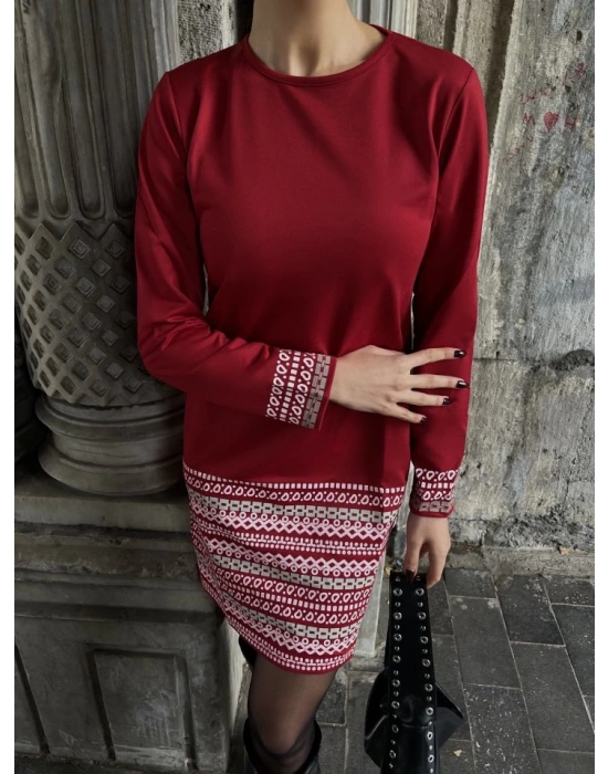 Kadın Uzun Kollu Bisiklet Yaka Kol Ağzı Ve Etek Ucu Baskılı Iki Iplik Elbise