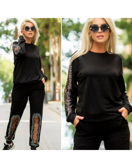 Kadın Uzun Kollu Bisiklet Yaka Kol Ve Bacak Tül Ve Inci Detay Iki Iplik Ikili Takım