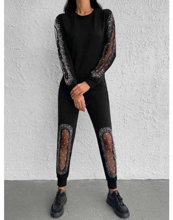 Kadın Uzun Kollu Bisiklet Yaka Kol Ve Bacak Tül Ve Inci Detay Iki Iplik Ikili Takım