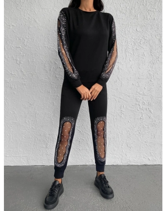 Kadın Uzun Kollu Bisiklet Yaka Kol Ve Bacak Tül Ve Inci Detay Iki Iplik Ikili Takım