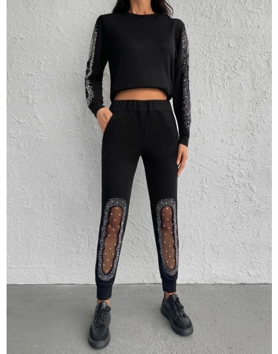 Kadın Uzun Kollu Bisiklet Yaka Kol Ve Bacak Tül Ve Inci Detay Iki Iplik Ikili Takım