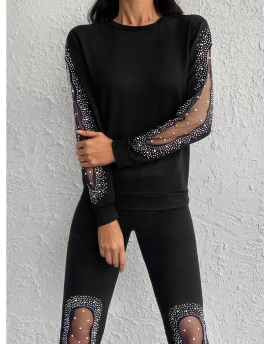 Kadın Uzun Kollu Bisiklet Yaka Kol Ve Bacak Tül Ve Inci Detay Iki Iplik Ikili Takım