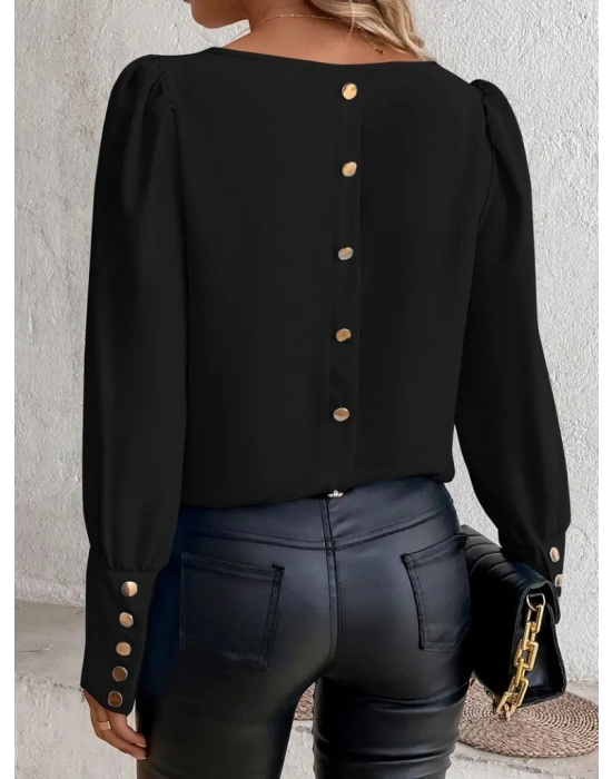 Kadın Uzun Kollu Bisiklet Yaka Kol Ve Sırt Düğme Detaylı Atlas Bluz