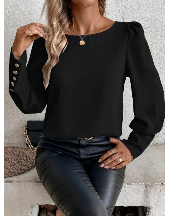 Kadın Uzun Kollu Bisiklet Yaka Kol Ve Sırt Düğme Detaylı Atlas Bluz