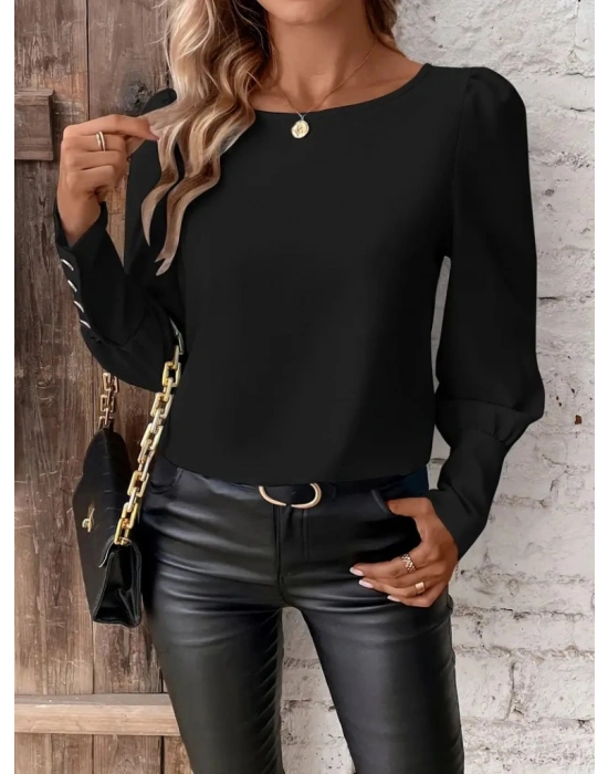 Kadın Uzun Kollu Bisiklet Yaka Kol Ve Sırt Düğme Detaylı Atlas Bluz