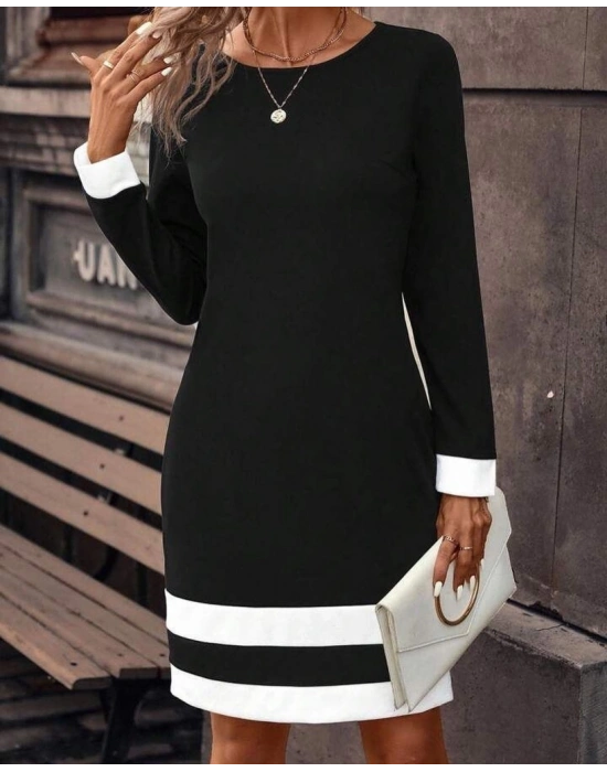 Kadın Uzun Kollu Bisiklet Yaka Kol Ve Tek Ucu şeritli Ithal Krep Midi Elbise