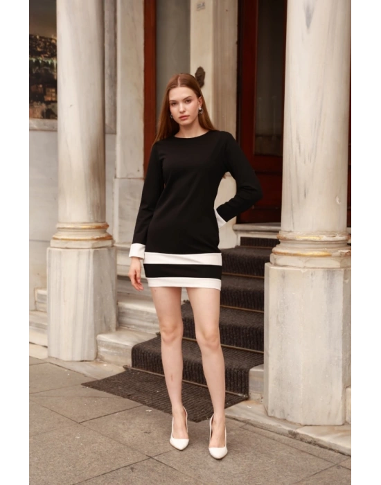 Kadın Uzun Kollu Bisiklet Yaka Kol Ve Tek Ucu şeritli Ithal Krep Midi Elbise