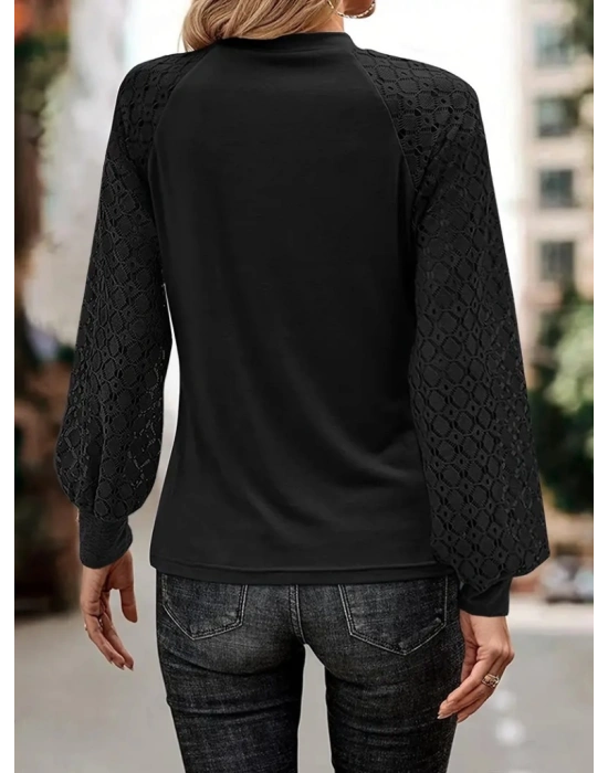 Kadın Uzun Kollu Bisiklet Yaka Kollar Dantel önü çizgi Detaylı Viskon Bluz