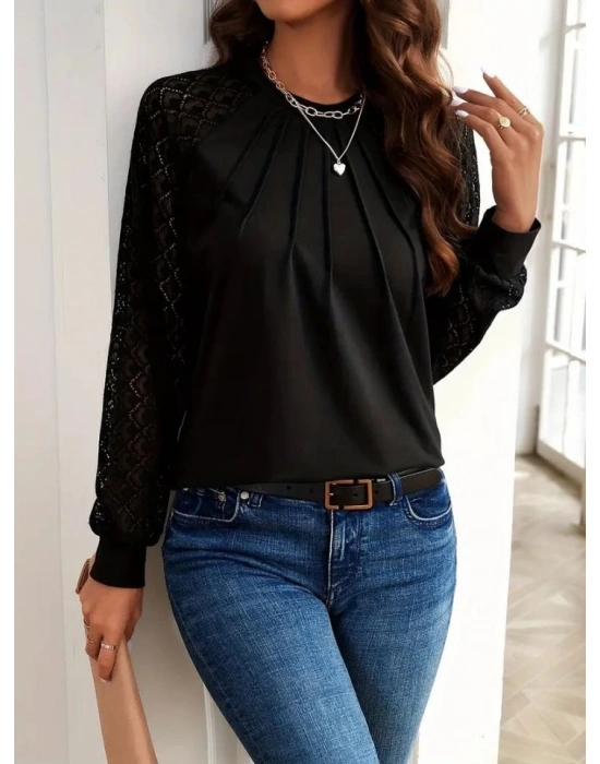 Kadın Uzun Kollu Bisiklet Yaka Kollar Dantel önü çizgi Detaylı Viskon Bluz