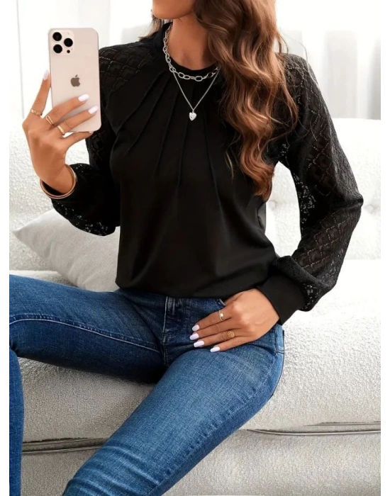 Kadın Uzun Kollu Bisiklet Yaka Kollar Dantel önü çizgi Detaylı Viskon Bluz