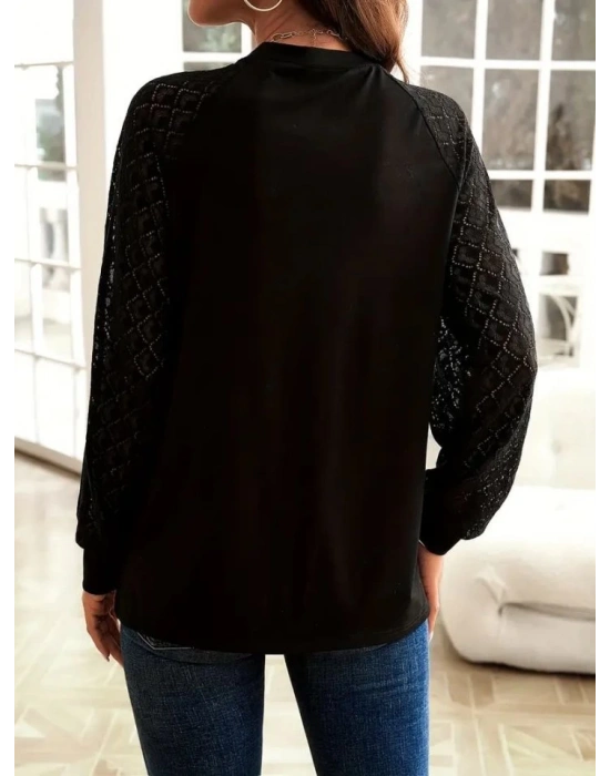 Kadın Uzun Kollu Bisiklet Yaka Kollar Dantel önü çizgi Detaylı Viskon Bluz