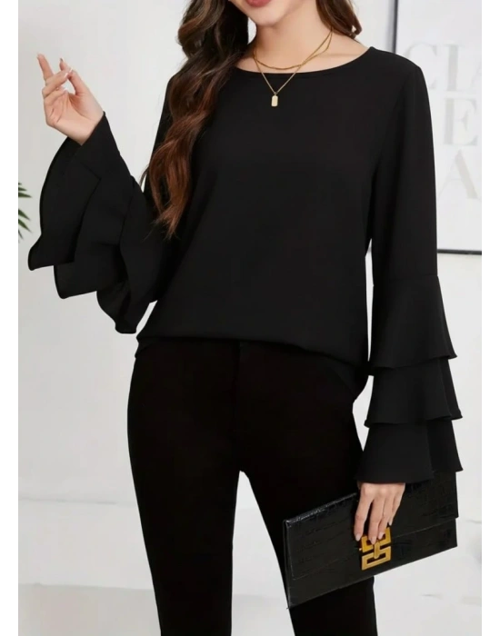 Kadın Uzun Kollu Bisiklet Yaka Kollar İspanyol Volanlı Sandy Bluz