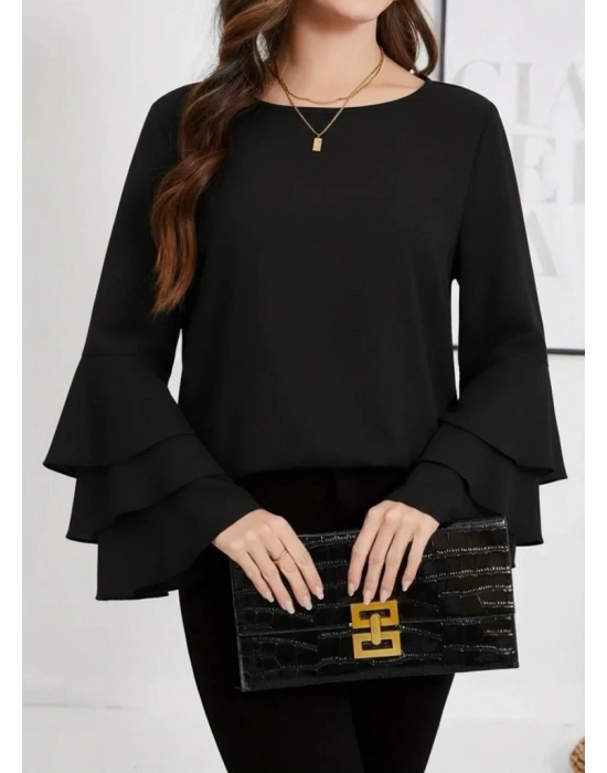 Kadın Uzun Kollu Bisiklet Yaka Kollar İspanyol Volanlı Sandy Bluz