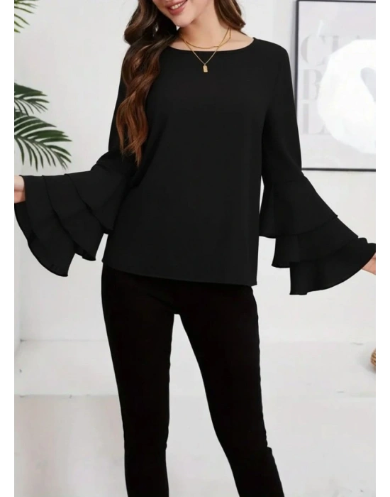 Kadın Uzun Kollu Bisiklet Yaka Kollar İspanyol Volanlı Sandy Bluz