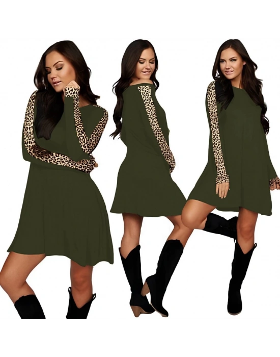 Kadın Uzun Kollu Bisiklet Yaka Kollar Leopar Detay Iki Iplik Mini Boy Elbise