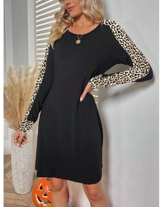 Kadın Uzun Kollu Bisiklet Yaka Kollar Leopar Detay Iki Iplik Mini Boy Elbise