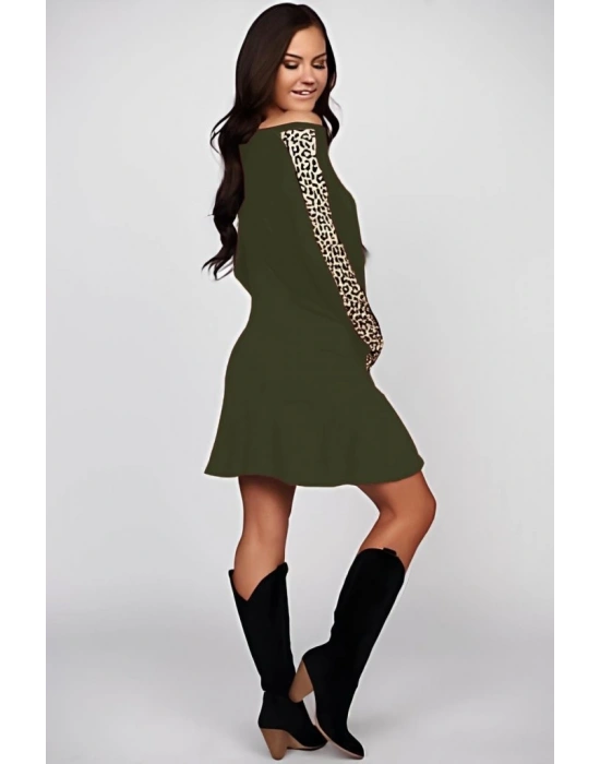 Kadın Uzun Kollu Bisiklet Yaka Kollar Leopar Detay Iki Iplik Mini Boy Elbise