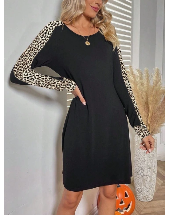 Kadın Uzun Kollu Bisiklet Yaka Kollar Leopar Detay Iki Iplik Mini Boy Elbise