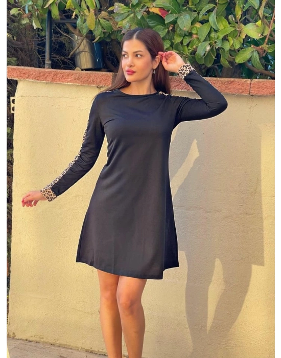 Kadın Uzun Kollu Bisiklet Yaka Kollar Leopar Detay Iki Iplik Mini Boy Elbise